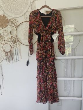 Floral Low V-Neck Long Sleeve Tiered Maxi Dress With Side Cut Outs